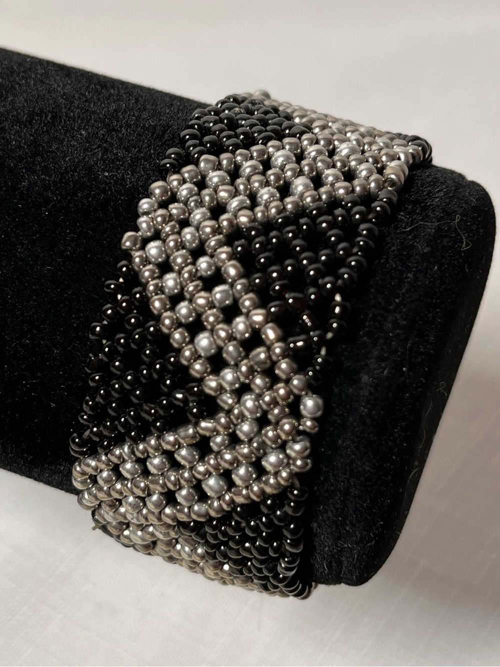 Vintage Black and Silver Beaded Chevron Bracelet. Stretch